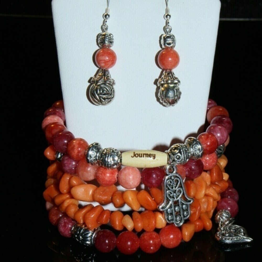 Quartzite Ruby Gemstone Wrap Bracelet and Earrings Set - Picture 2 of 4